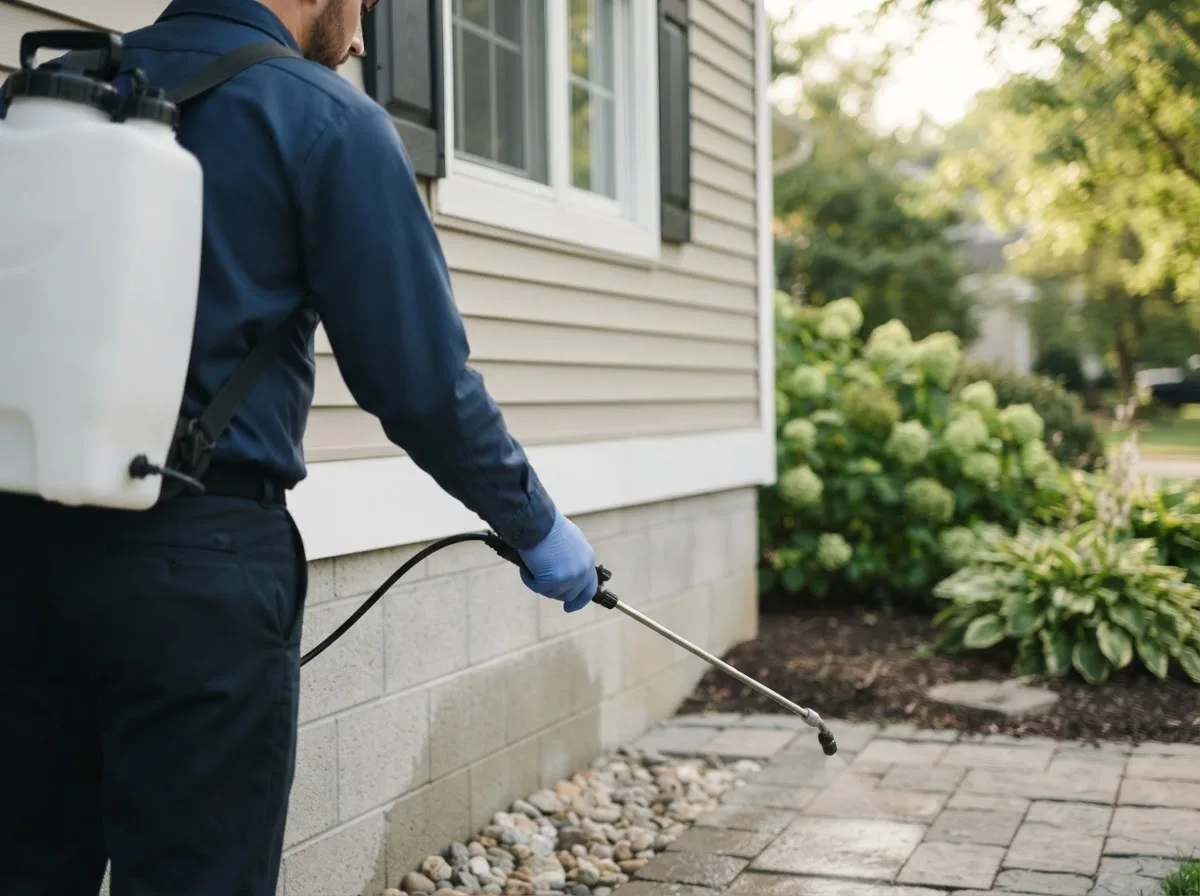 Pest control technician inspecting a home in Gonzales, TX